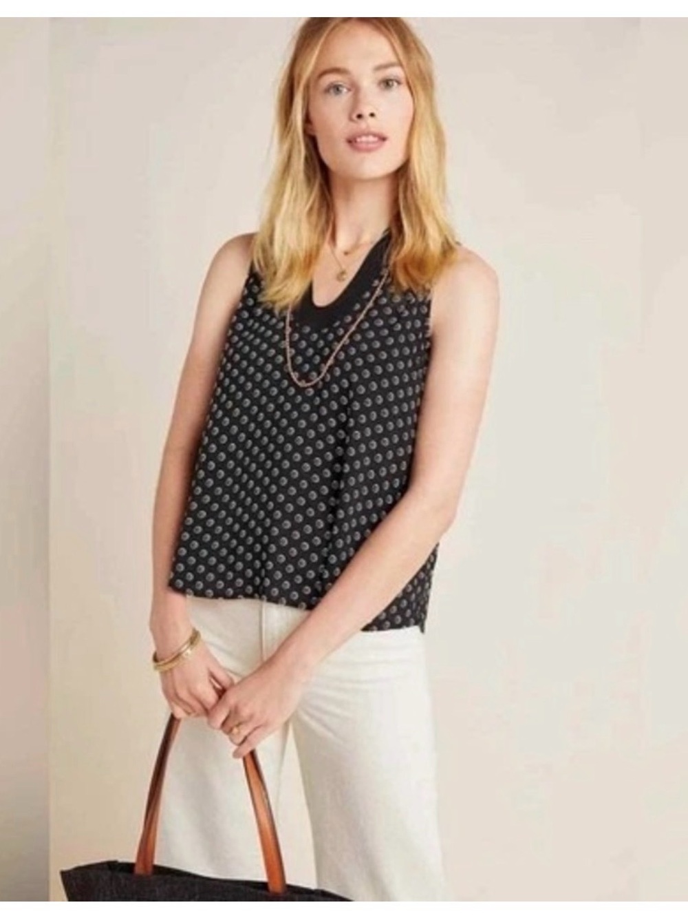 Maeve Anthropologie Black White Dot Sleeveless V-Neck Tank Top 100% Viscose S 4